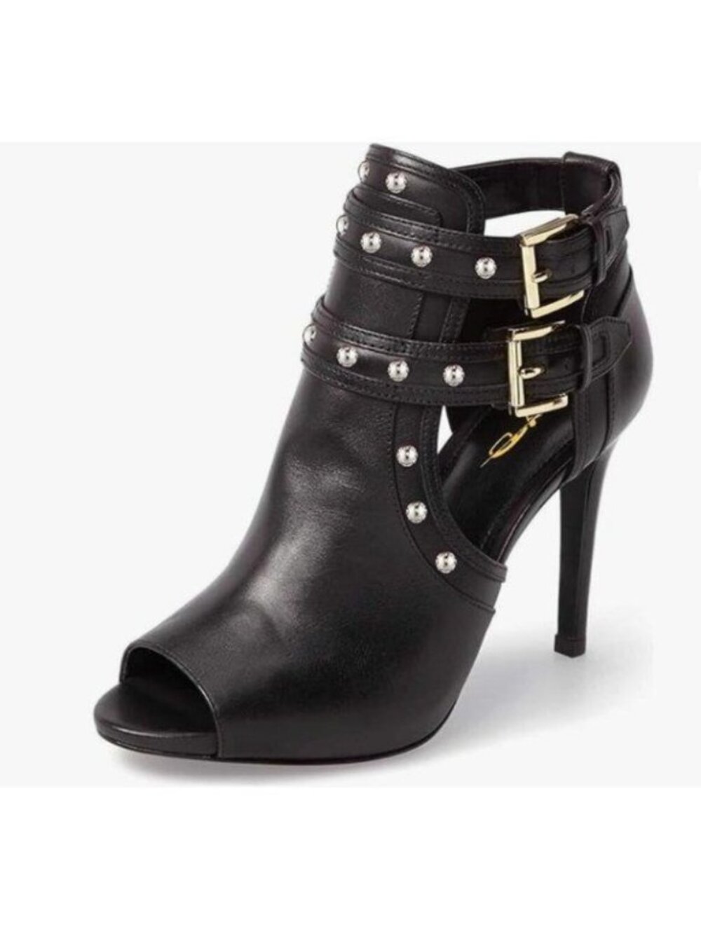 XYD Black Studs Peep Toe High Heels Buckled Double Straps Cutout Ankle Bootie